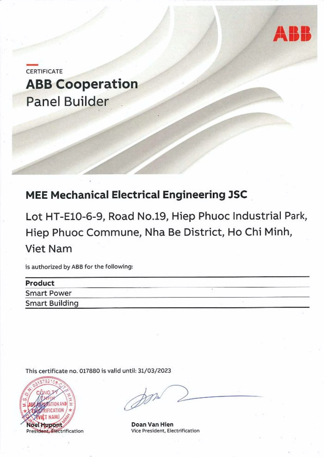 Chứng nhận phân phối máy biến áp ABB